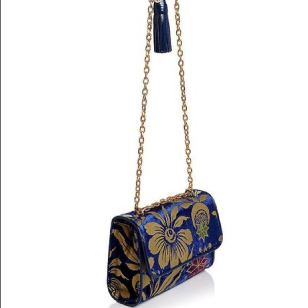 NEW TORY BURCH blue velvet floral print handbag